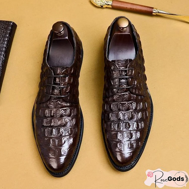 Luxury Men Dress Shoes Crocodile Pattern Genuine Leather Pointed Toe Lace Up Formal Shoes