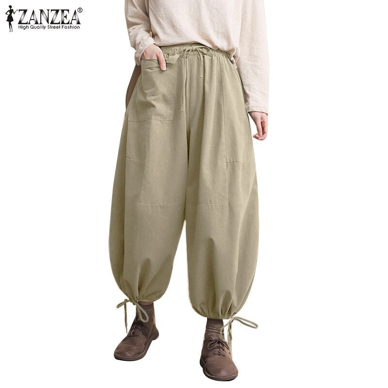 2022 Summer ZANZEA Vintage Women Cotton Linen Pants Wide Leg Pants Drawstring Casual Solid Oversized Lady Elastic Waist Bottoms