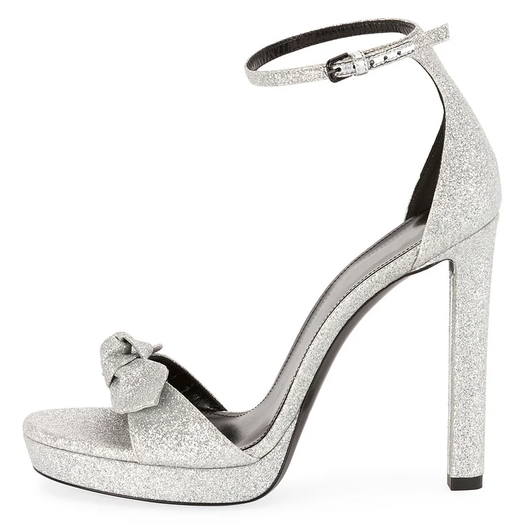 Women's Silver Glitter Shoes Chunky Heels Ankle Strap Sandals