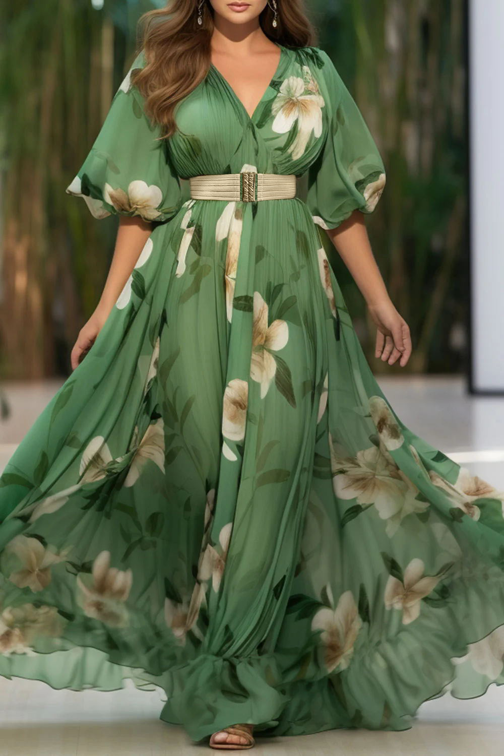 Flycurvy Plus Size Everyday Green Floral Print Lantern Sleeve Empire Waist Maxi Dress 2024 - Flycurvy 