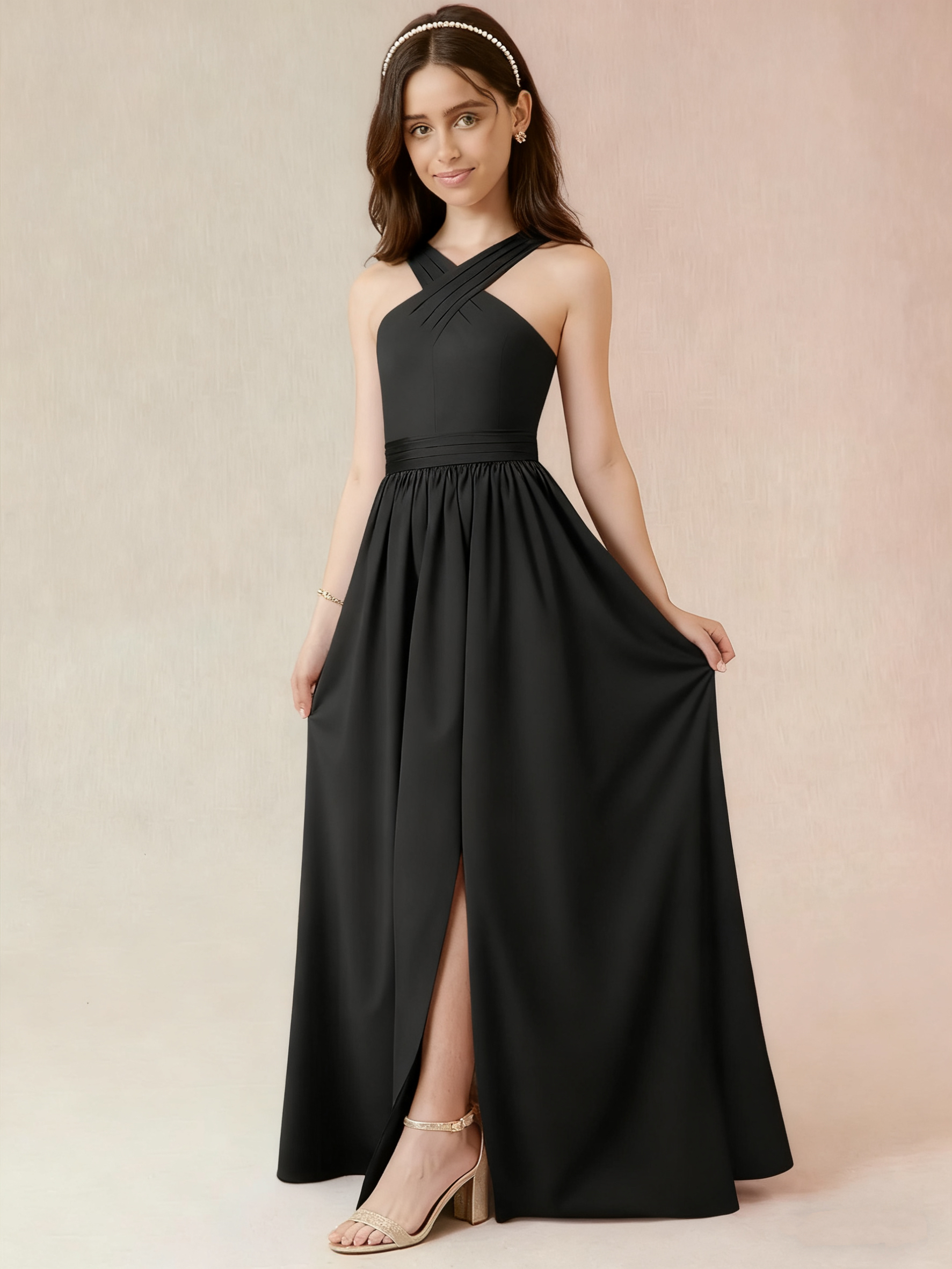 Chiffon Halter V-Neck Strapless Sleeveless High-Waisted Long A-Line Junior Bridesmaid Dress With Pleated | JB038 Wellcucu