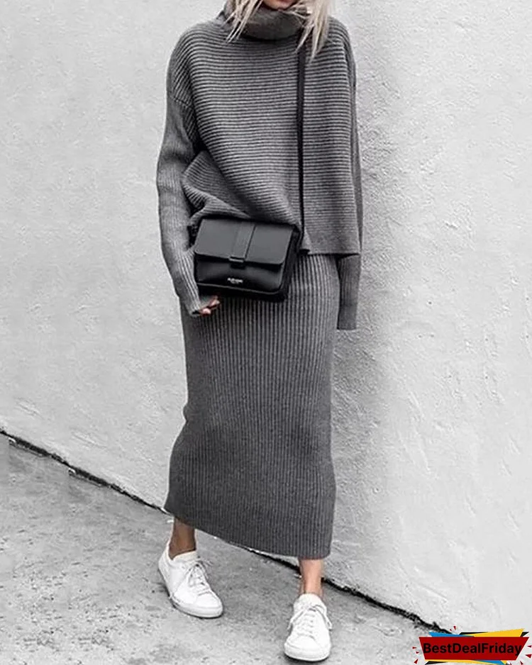 Fashion Solid Turtle Neck Sweater Skirt Set