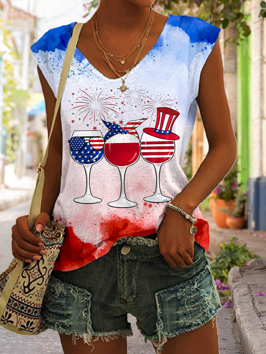 Women's American Flag Wine Glass Print Tank Top