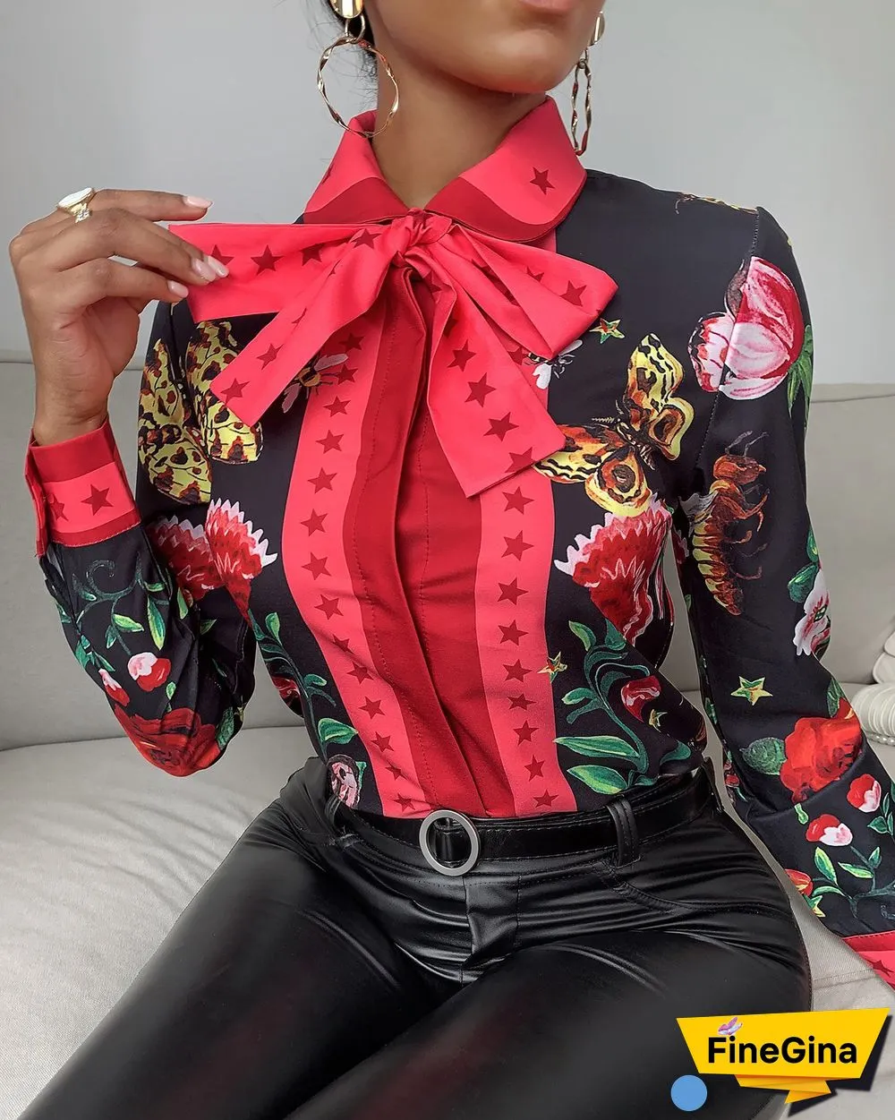 Tie Neck Floral Butterfly Print Long Sleeve Shirt P15964
