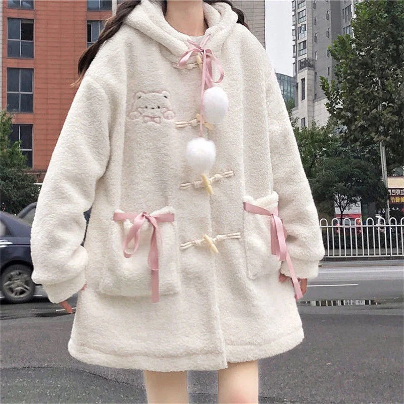 Winter Kawaii Wool Coat Women Loose Japanese Sweet Lolita Outwear Jacket Female Korean Style Pockets Warm Hoodies Overcoat 2021