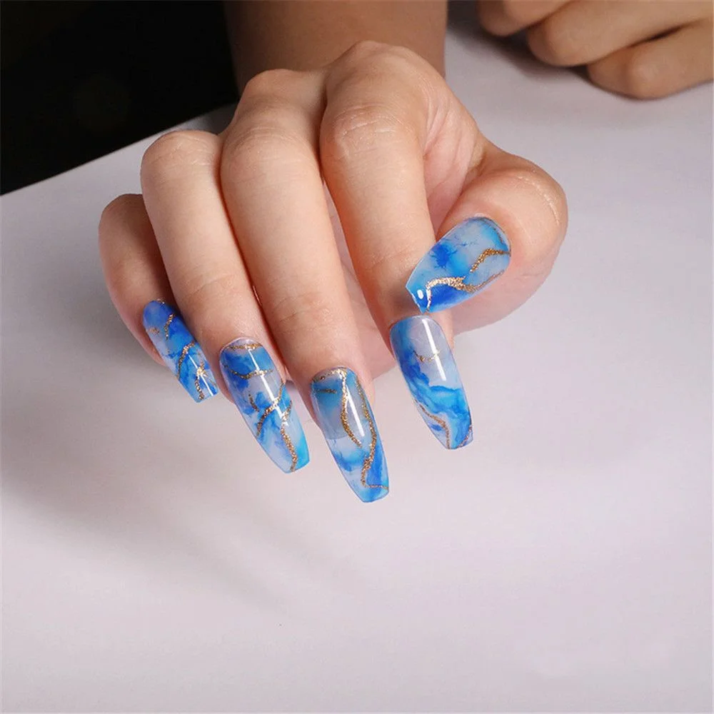 24pcs/Set Long Coffin Fake Nails Watercolor orchid Ballerina False Nail Full Nail Art Tips Colorful Beauty Artificial False Nail