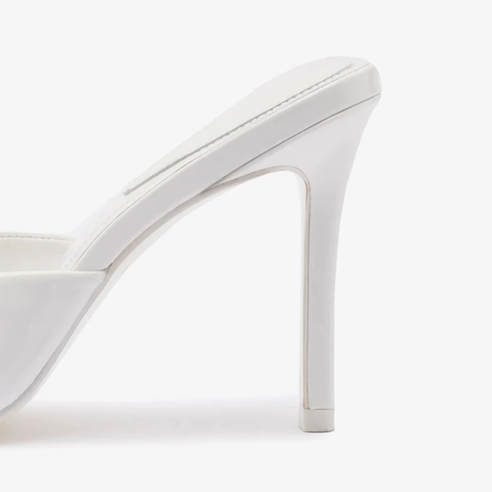 Patent Stiletto Heel Open Round Toe Slip-On Mules for Women in White