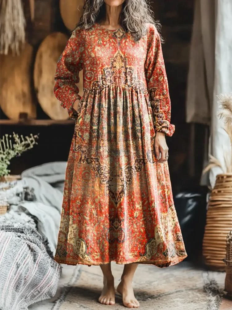 Women's Retro Ethnic Floral Art Pattern Print Pocket Cotton Dress
