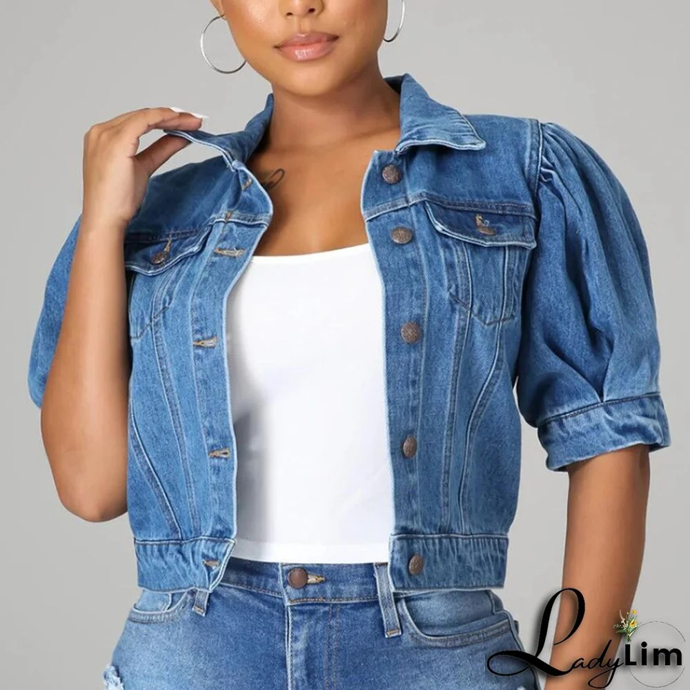 Fashion Button Up Short Sleeve Half Puff Sleeve Women Denim Jacket