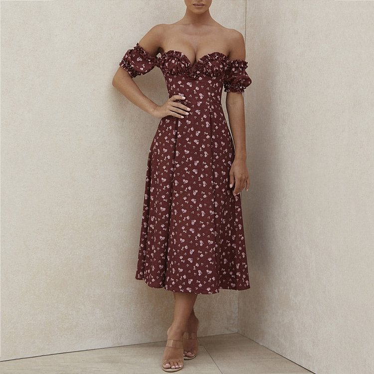 Sexy Slit Floral-Print Wooden Ear off-the-Shoulder Tube Top Dress