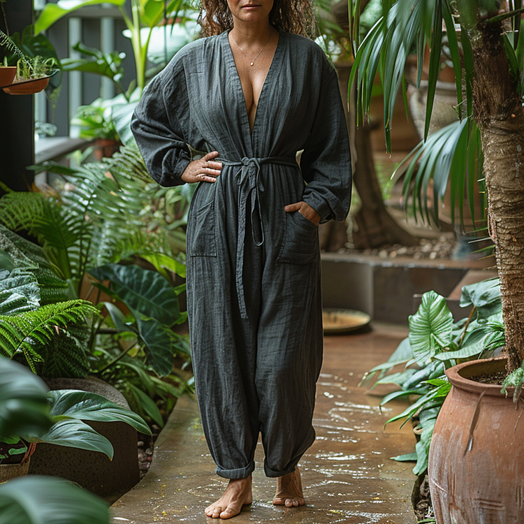 Plus Size Women's Linen Retro Ethnic Style Oversized Comfortable Breathable V-Neck Jumpsuit Holiday Comfortable Casual J