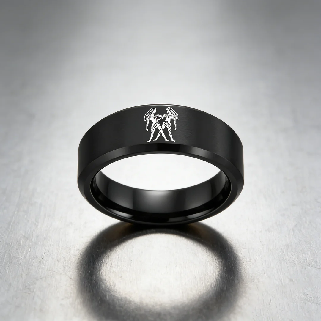 Black Gemini Tungsten Carbide Rings Beveled Edges Black Laser Etched Couple Wedding Bands 4MM 6MM 8MM Width