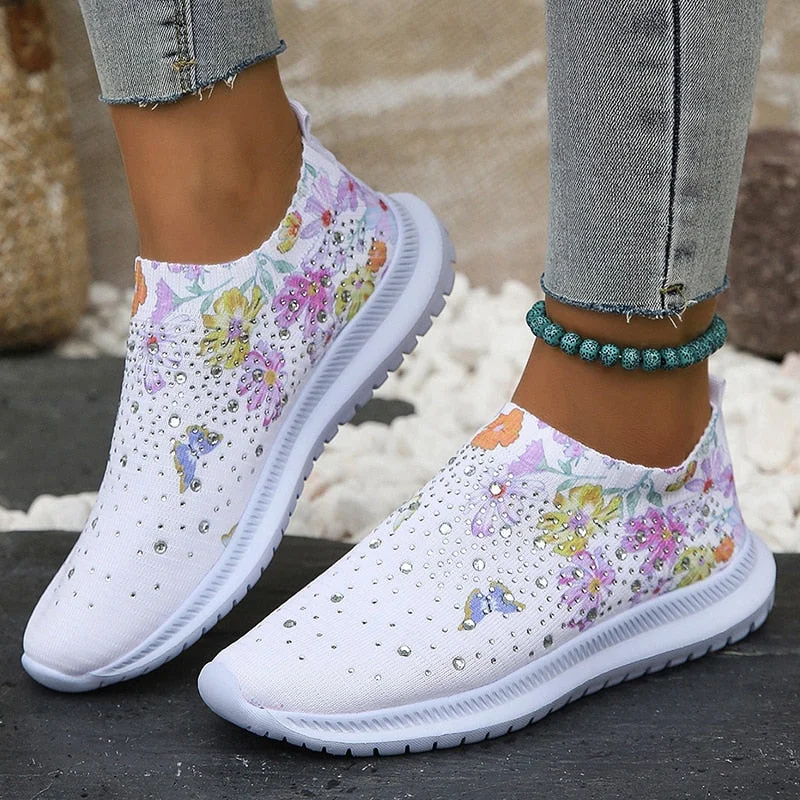 Vstacam Flower Prints Knitted Flats for Women Plus Size Shiny Crystal Breathable Mesh Loafers Woman 2023 Autumn Slip-On Walking Shoes