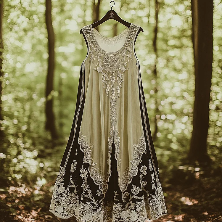 Utbros Floral Embroidered Pattern Linen Contrast Color Vest Dress