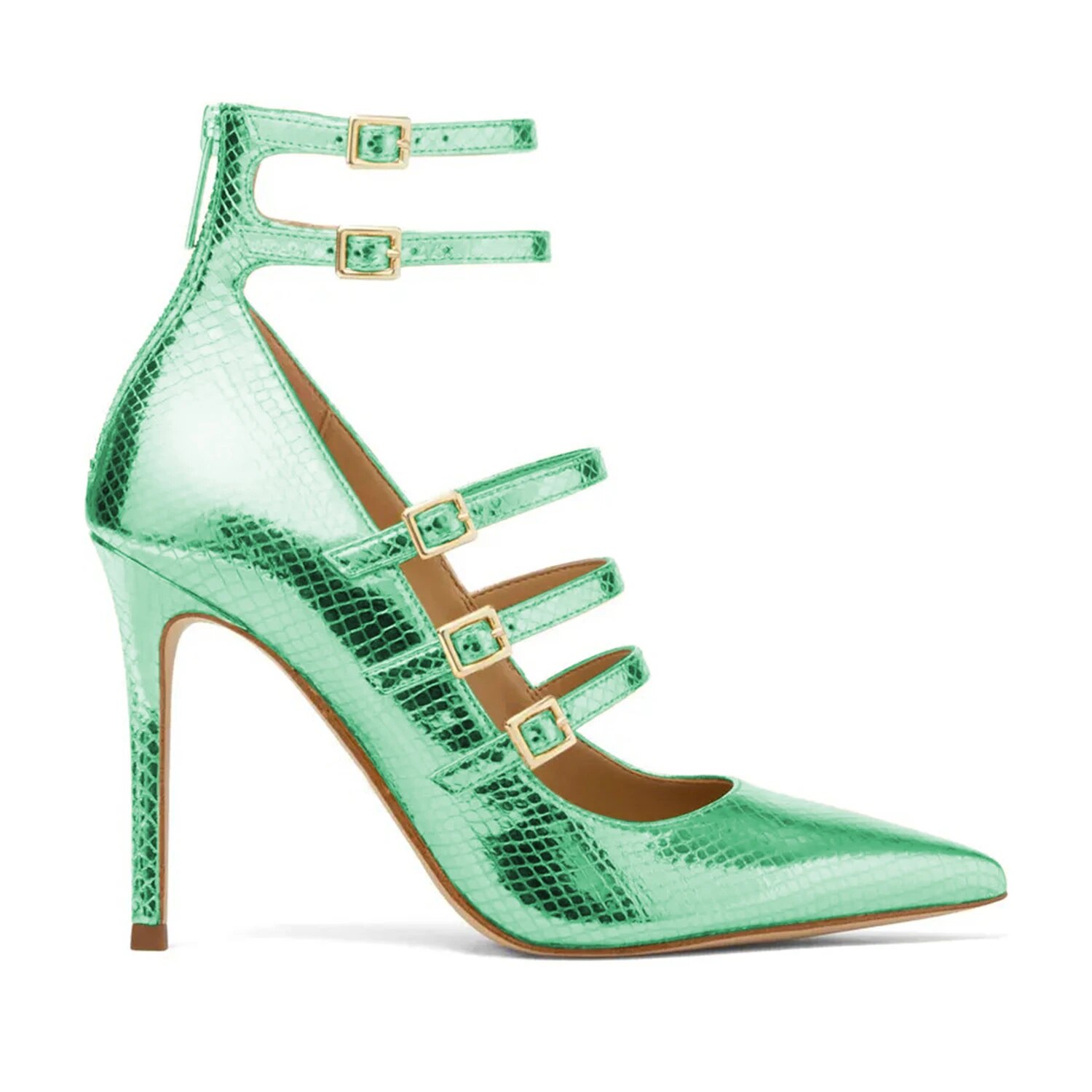 TAAFO Roman Buckle Strap Gold Snackskin Women's Pumps High Thin Heels Ladies Dress Zipper Shoes 