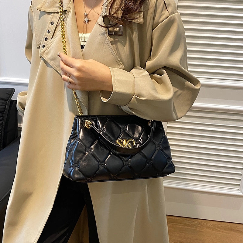 Women’s Pu Leather Letter Lingge Elegant Sewing Thread Square Flip Cover Crossbody Bag