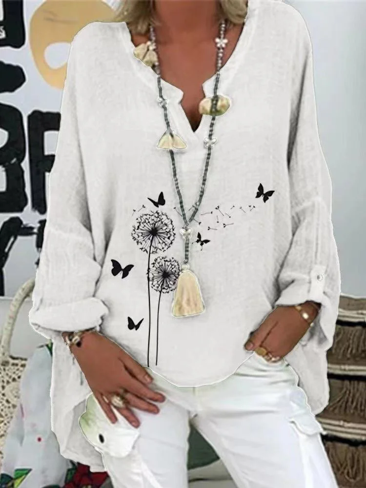 V-neck Printed Shirt Loose Shirt