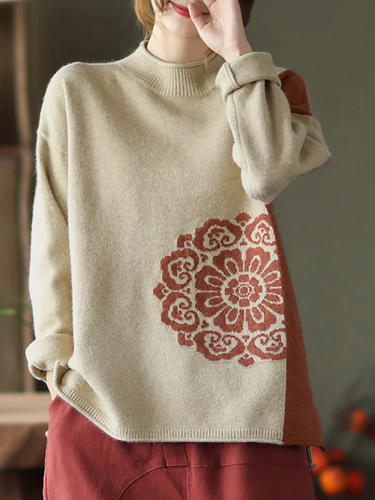 Winter Retro Flower Knitted Sweater Jumper