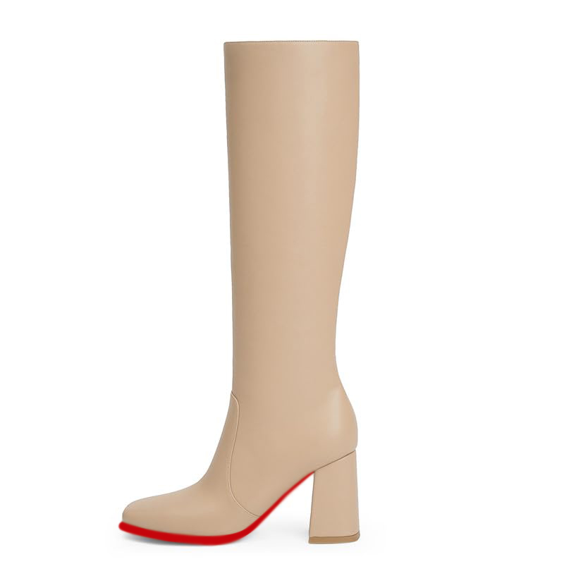 95mm Women's Knee Boots Red Bottom Block Chunky Heels Zipper Fashion Sexy Daily Matte Boot-MERUMOTE