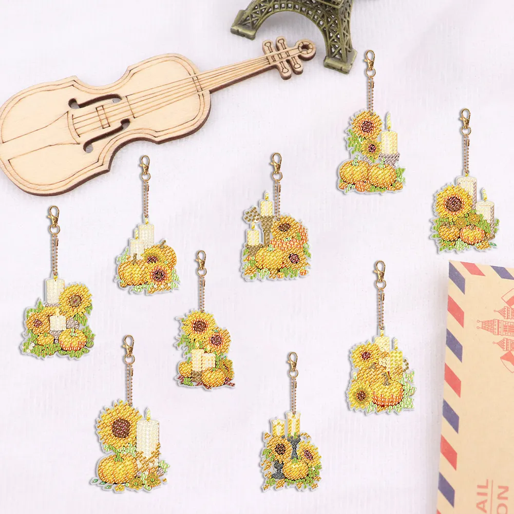 9pcs DIY Pumpkin Sunflower Candle Double Sided Special Shape Diamond Painting Art Keychains Pendant