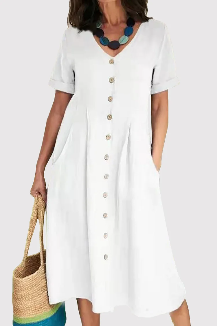 V Neck Short Sleeve Button Linen Midi Dress
