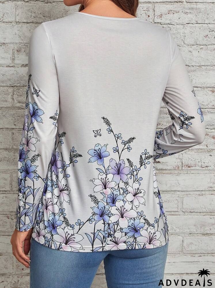 Floral Print Button Front Tee