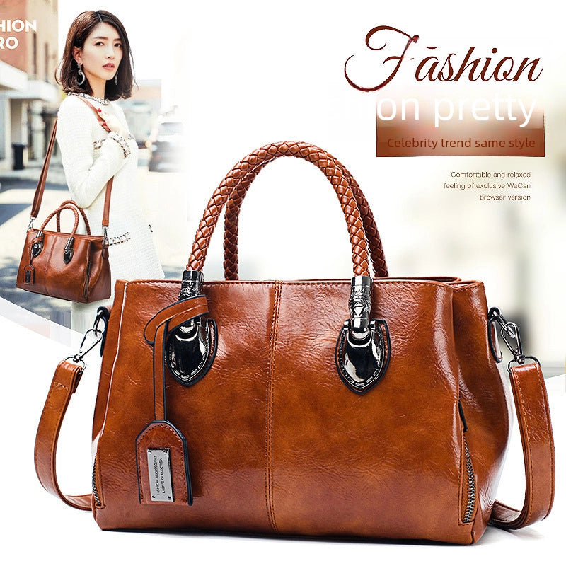 Oil Wax Leather Bag New Export Boston Women's Bag Shoulder Bag Women's Soft Leather Big Bag One-piece Delivery