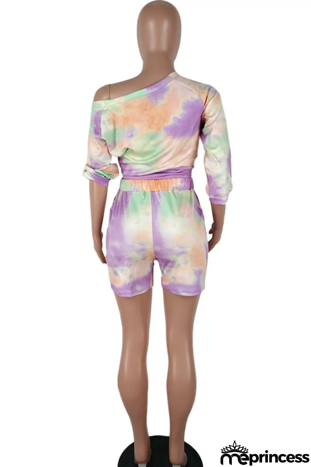 purple Polyester Casual Fashion Two Piece Suits asymmetrical Tie Dye crop top Regular