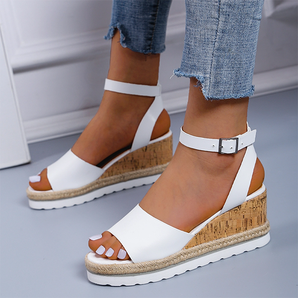 Womens High Heels Buckle Ankle Strap Flatform Wedge Leather Sandals