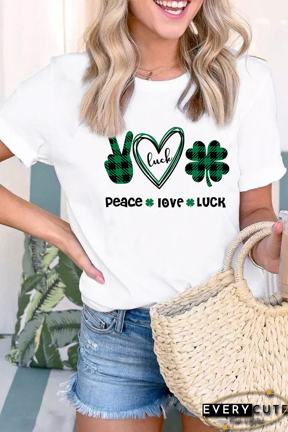 White St. Patrick's Day Letter Plaid Clover Graphic Print T-shirt