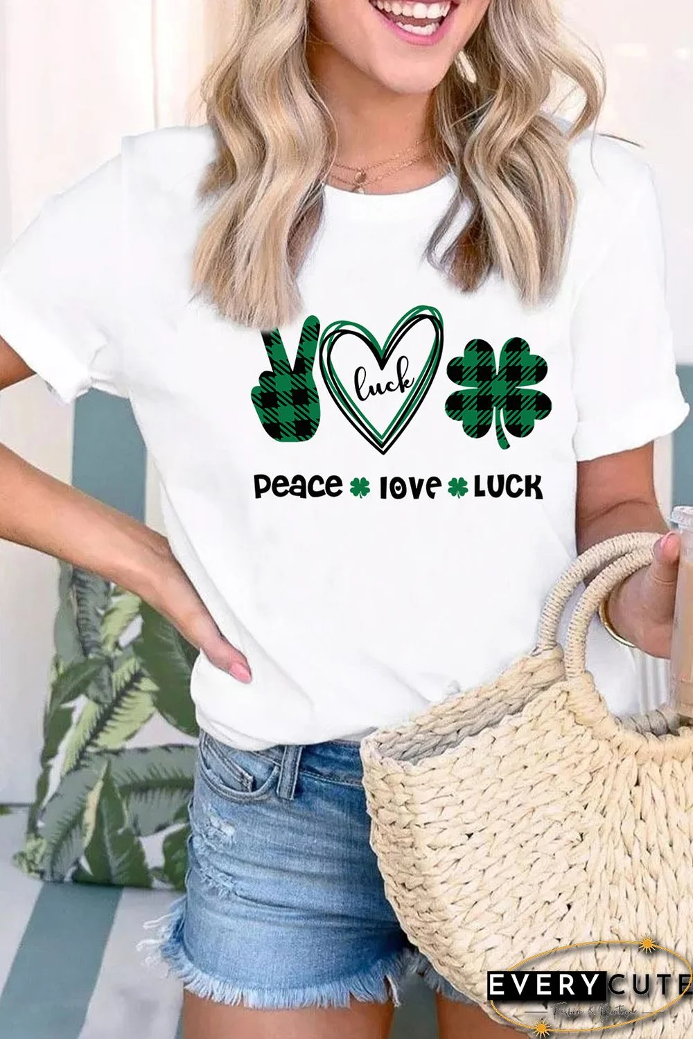 White St. Patrick's Day Letter Plaid Clover Graphic Print T-shirt