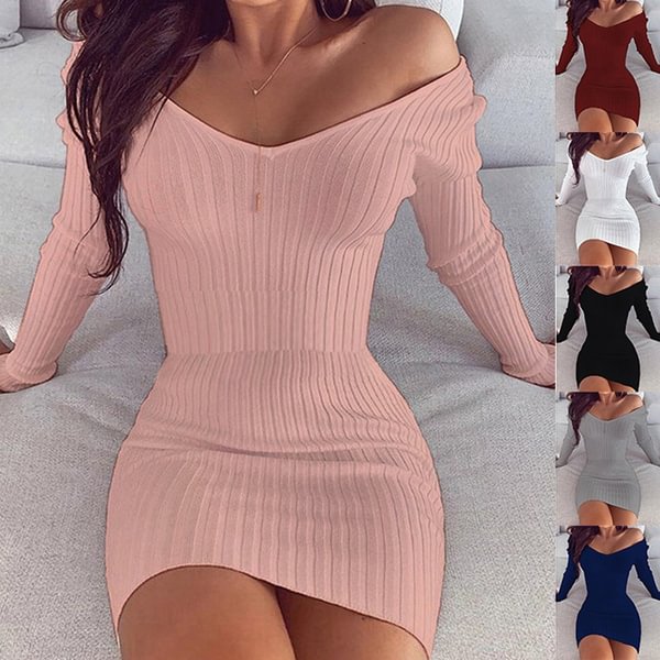 Fashion Women V-neck Long Sleeve Bodycon Sexy Knitted Dresses Petal Cuff Pullover Mini Solid Dress for Woman