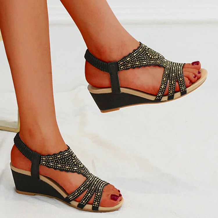 Vanccy Women Wedges Sandals Bling High Heel Shoes QueenFunky