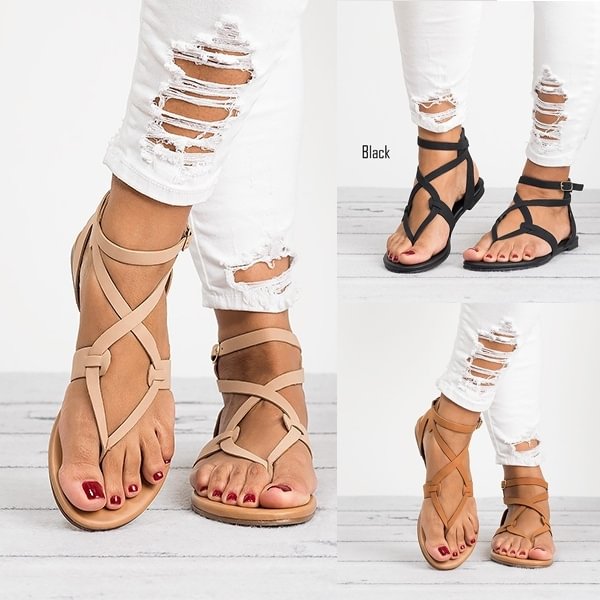 TeeYours Women Summer Flat Sandals Gladiator Sandalias Beach Sandals Casual Leather Flip-flop Sandals Bandage Sandals Slippers Plus Size - Shop Trendy Women's Fashion | TeeYours