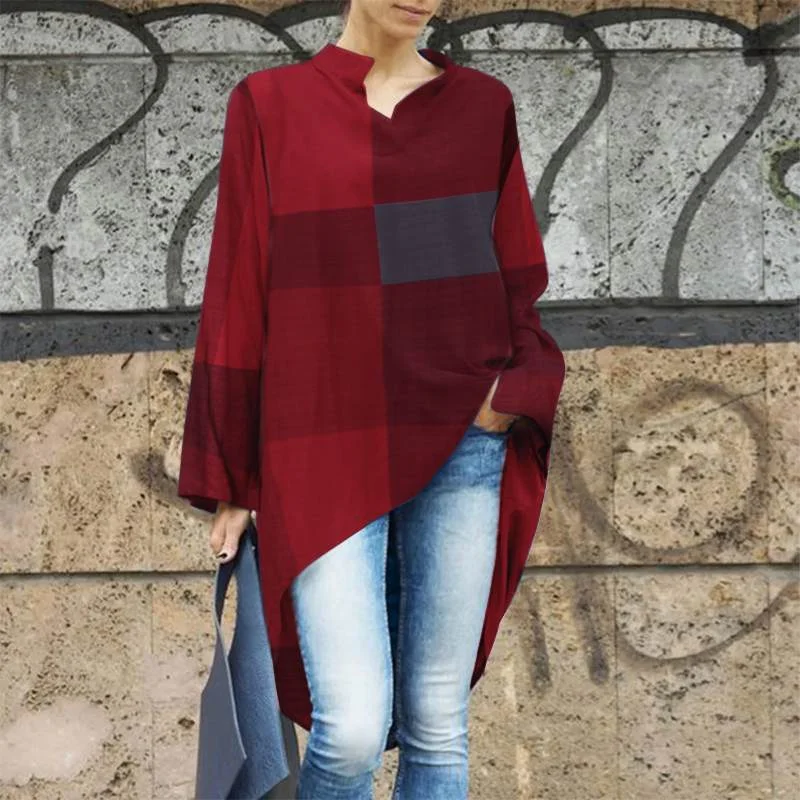 ZANZEA Summer Long Sleeve Plaid Checked Blouse Women Asymmetrical Shirt 2022 Fashion High Low Hem Blusas Loose Casual Tops Tunic
