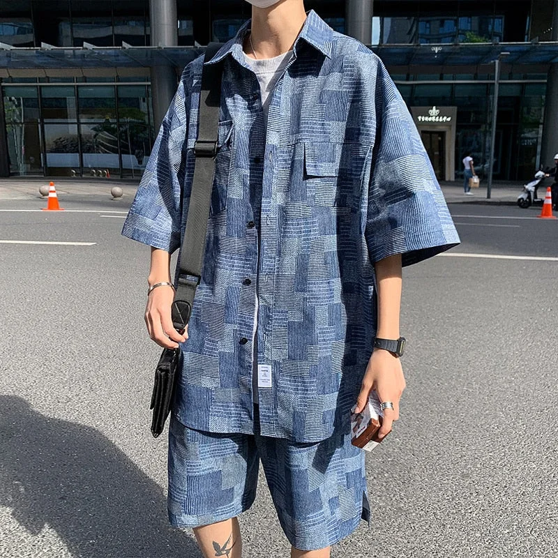 Woherb Summer Shorts Set Men Fashion Short Sleeve Shirt Suits Man Origin Design Patch Plaid Casual Oversized Clothing Black Blue 5XL