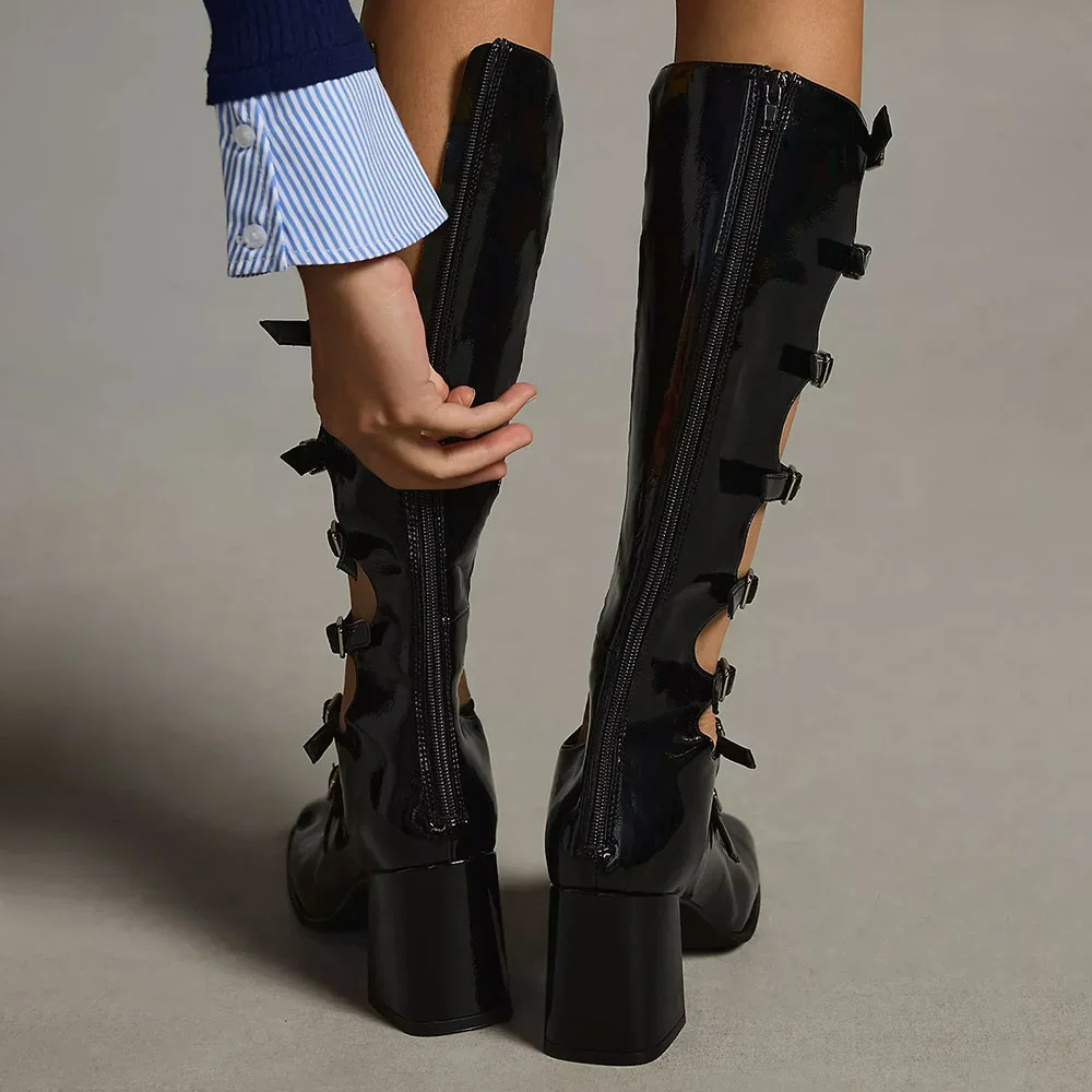 Black Square Toe Back Zipper Knee High Shaft Buckle Mary Jane Pumps