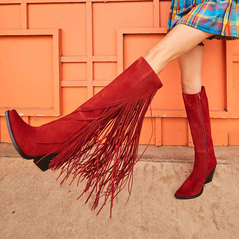 Red Vegan Suede Side Fringe Chunky Heel Western Boots for Women