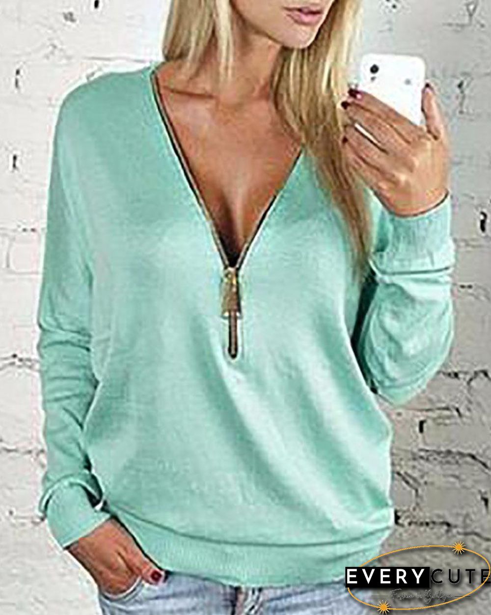 Front Zip Front Design V-neck Long Sleeves T-shirt Tops