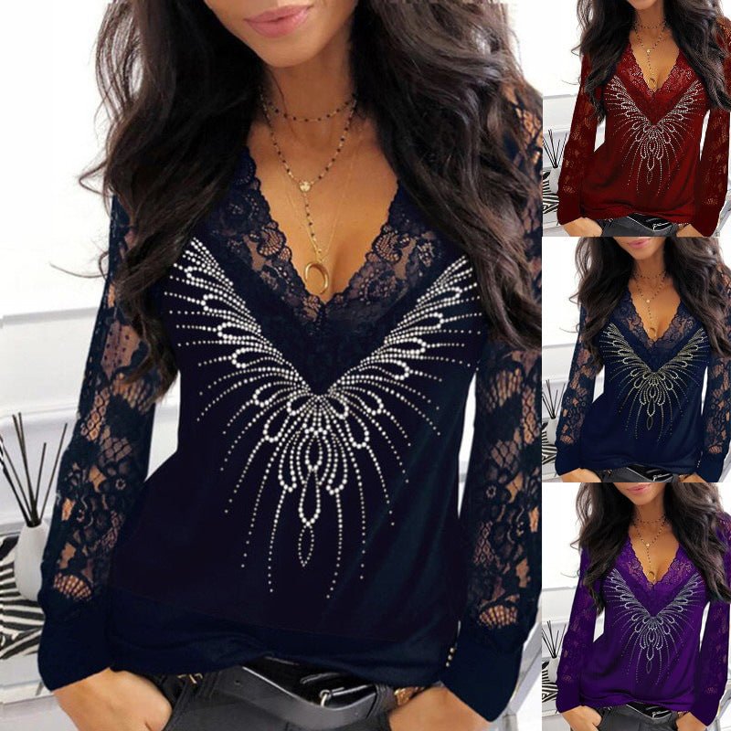 women's printed stitching V-neck see-through long-sleeved T-shirt