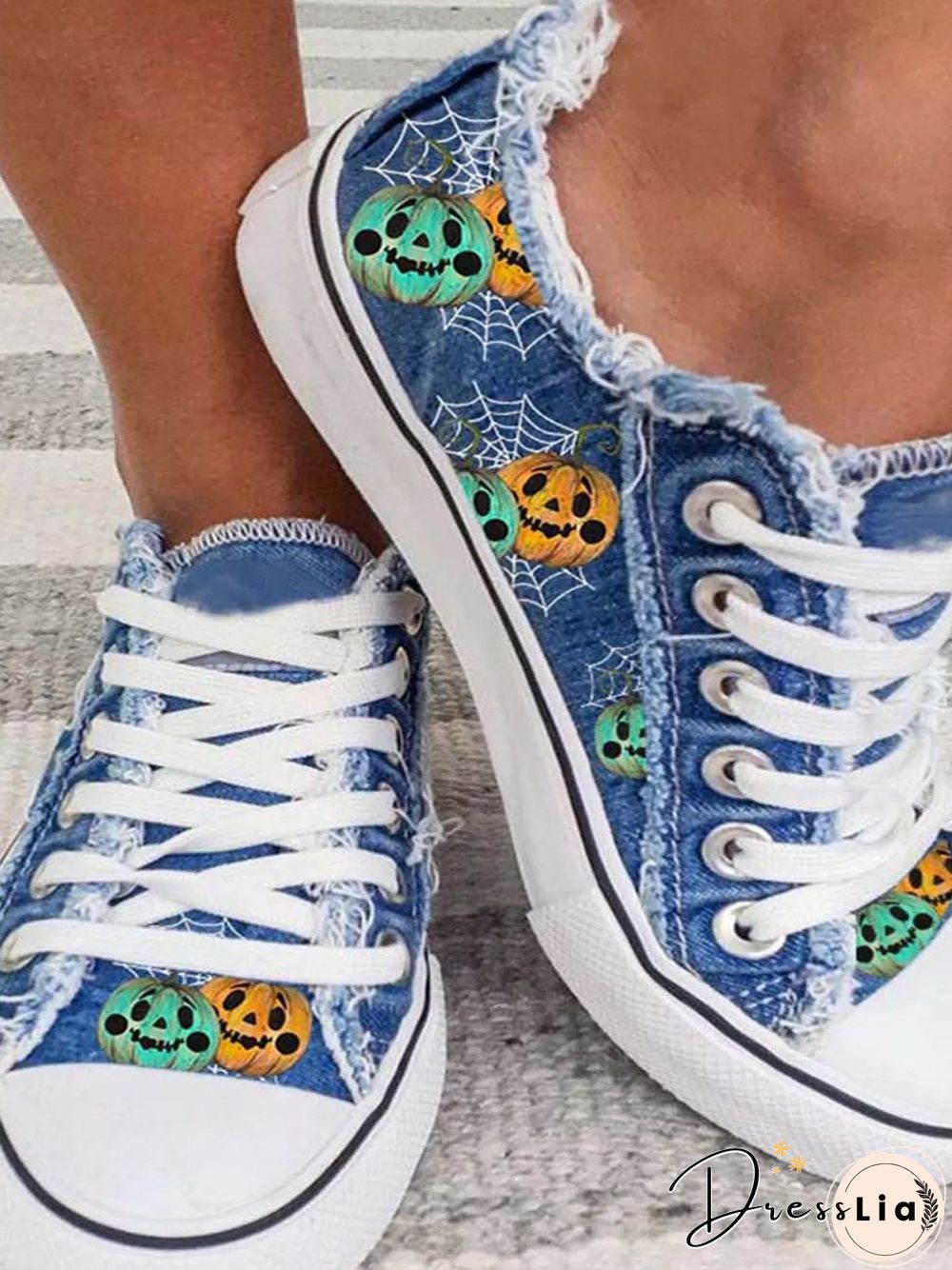 Halloween Pumpkin Spider Web Print Distressed Canvas Flats