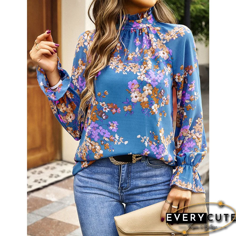 Blue Floral Print Chiffon Long Sleeve Blouse
