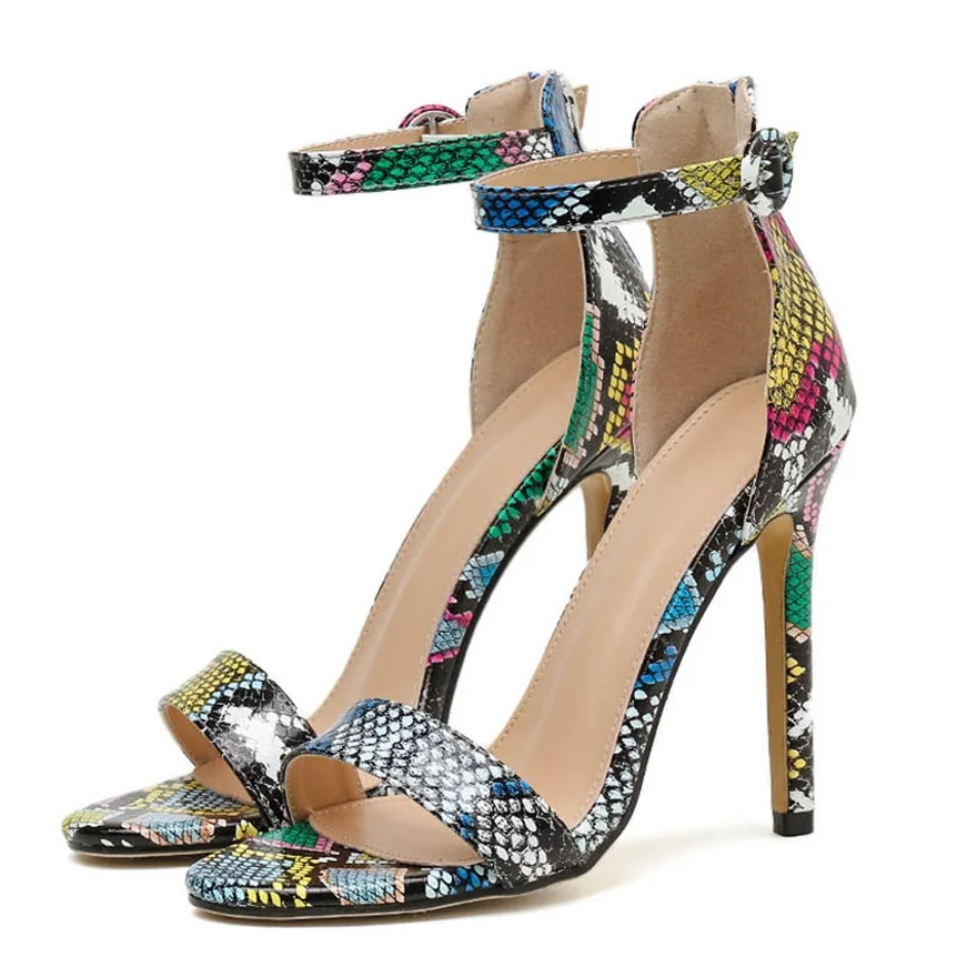 Qengg Women Color Snake Print High Heel Sandal Lady Stiletto Peep Toe Buckle Gladiator Pumps Stripper Summer Fetish Platform Shoes