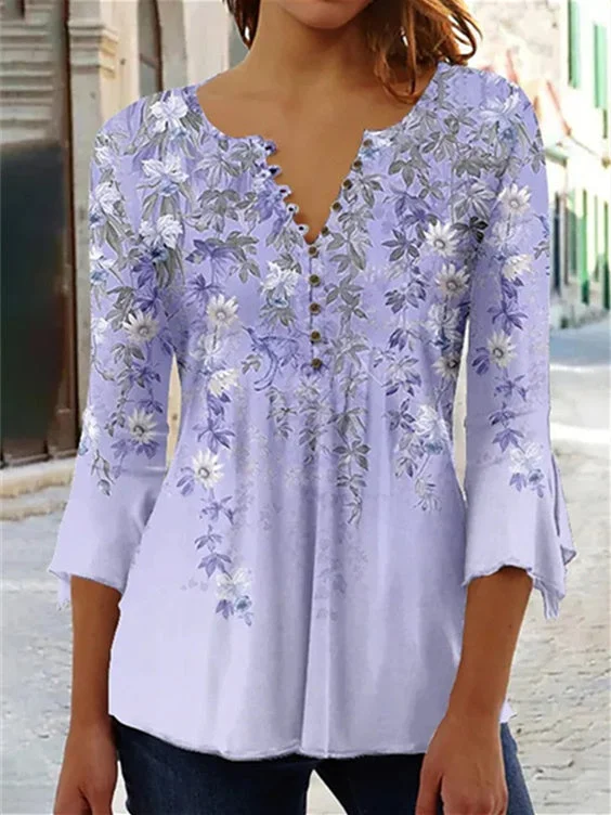 Women's Floral Printed Solid Color V-Neck 3/4 Sleeve Top