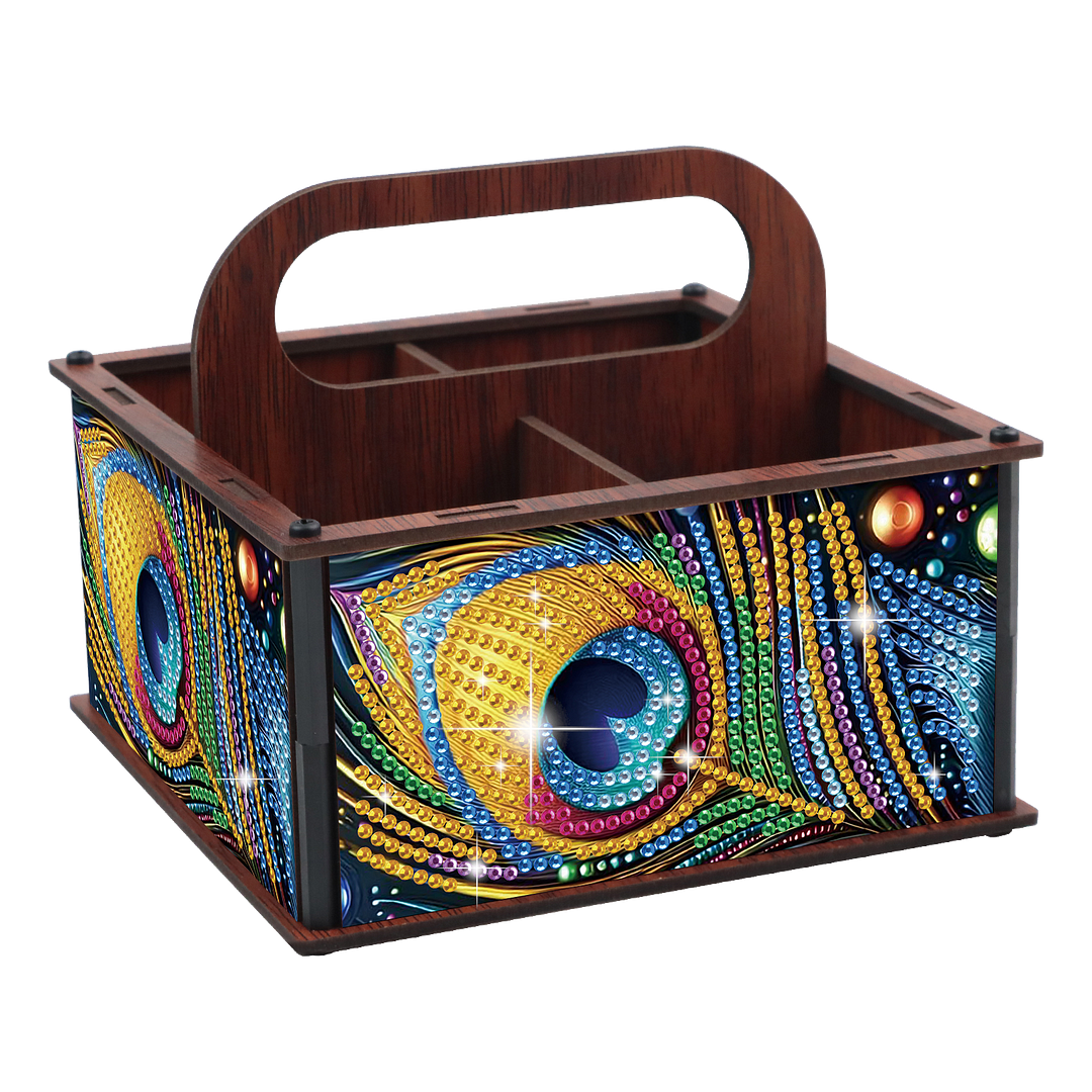 DIY Peacock Feather Wooden Diamond Painting Handheld Storage Box Kit Home Decor