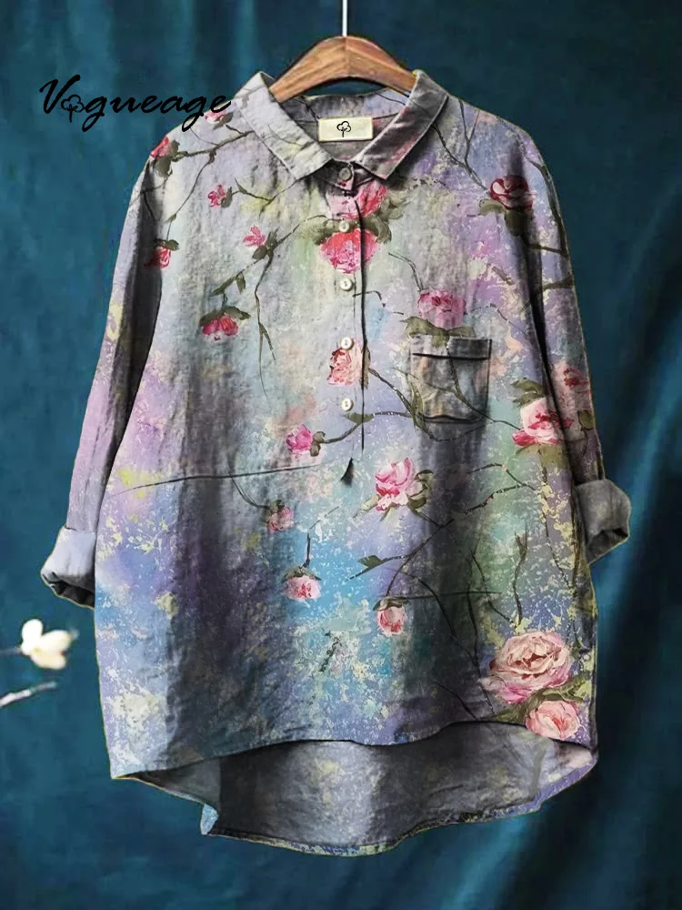 Elegant Intellectual And Fashionable Flowers Print Cotton And Linen Shirt