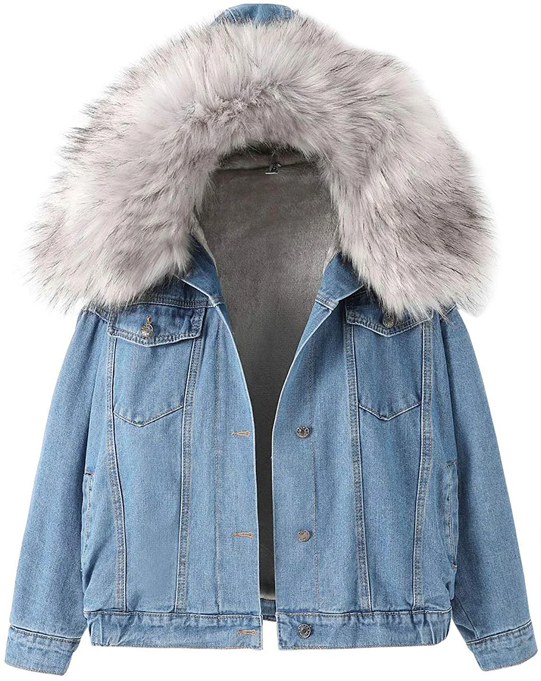 Women's Sherpa Fleece Lined Denim Jacket with Furry Fur Trim Hood