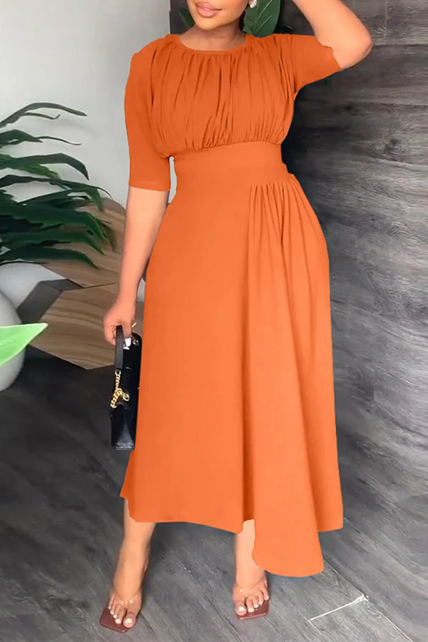 Solid Color Stunning Pleated Detail Irregular Hem Midi Dress