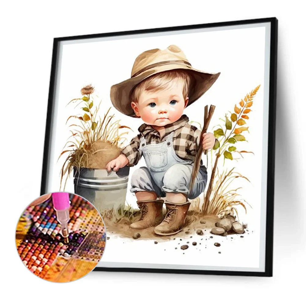 Diamond Painting - Full Round Drill - Farm Cowboy Kids(Canvas|30*30cm)