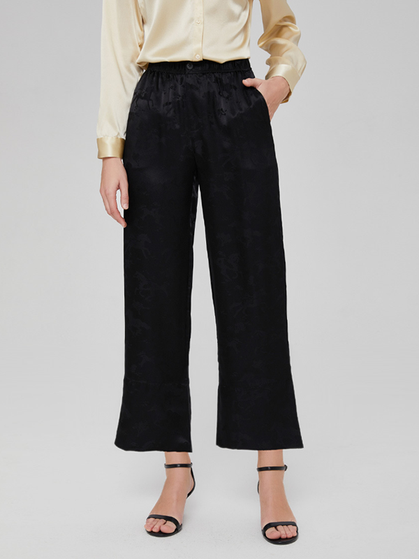 Pantalon en soie noire imprimé style à jambe large-Soieplus
